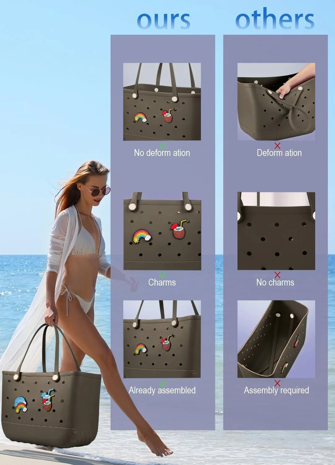 Beach Bag Rubber Tote Bag - Waterproof Travel Bag for Women Washable Tote Bag Handbag for Sports Beach Market Pool