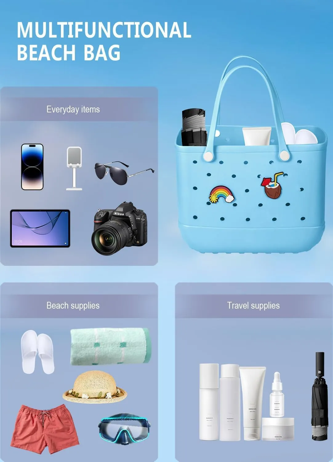 Beach Bag Rubber Tote Bag Waterproof Travel Bags for Women Washable Tote Bag Handbag for Sports Beach Market Pool