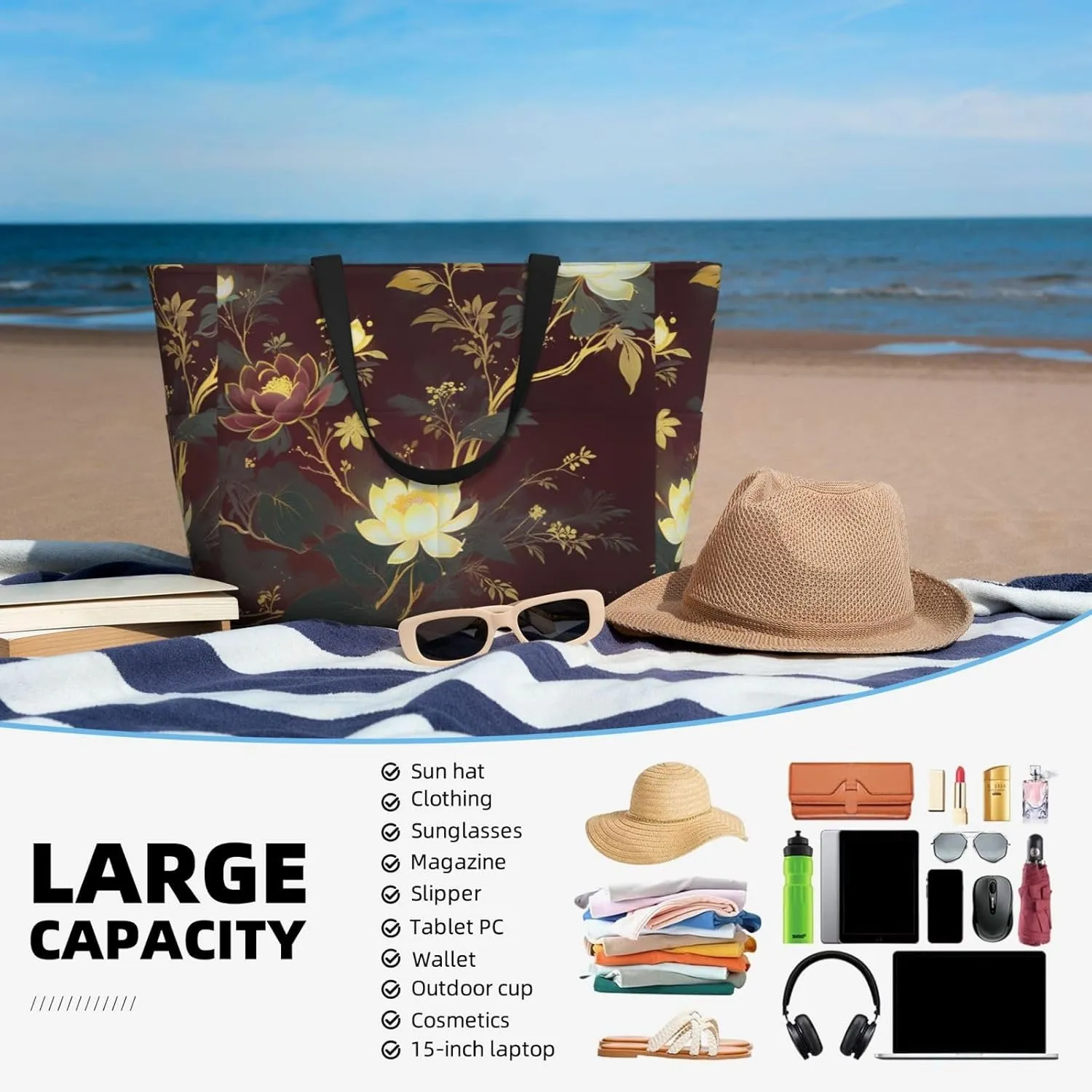 Beach Bags for Women Large Waterproof Sandproof Beach Tote Swim Pool Bag with Zipper for Travel Vacation