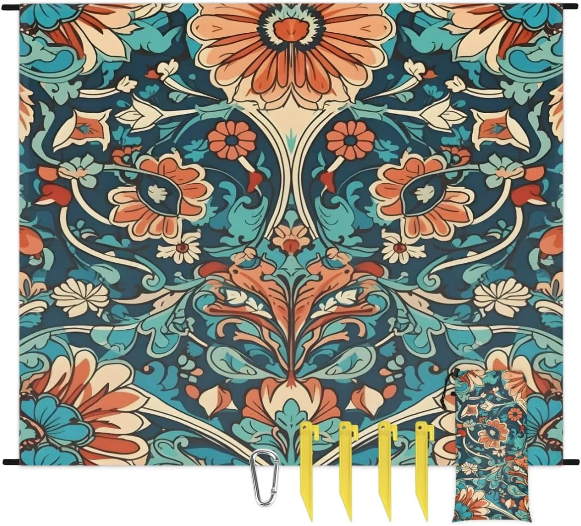Beach Blanket, Aztec Art Sandproof Beach Mat, Waterproof Quick Drying Sand Free Mat with 4 x Ground Spikes for Outdoor Travel Camping Hiking, Vintage Bohemian 68 x 59 in