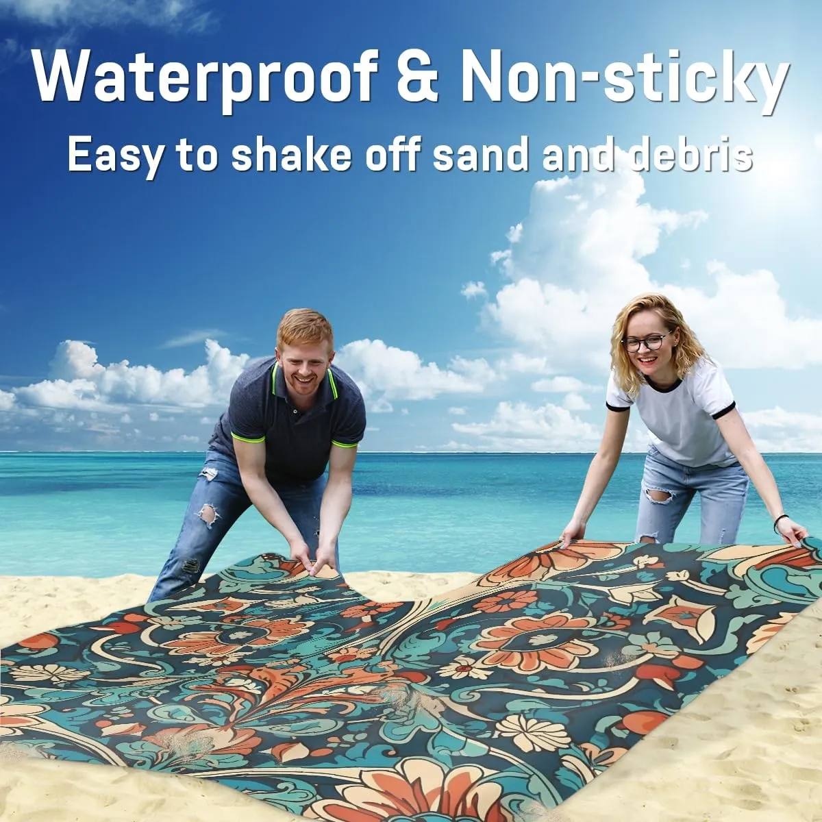 Beach Blanket, Aztec Art Sandproof Beach Mat, Waterproof Quick Drying Sand Free Mat with 4 x Ground Spikes for Outdoor Travel Camping Hiking, Vintage Bohemian 68 x 59 in