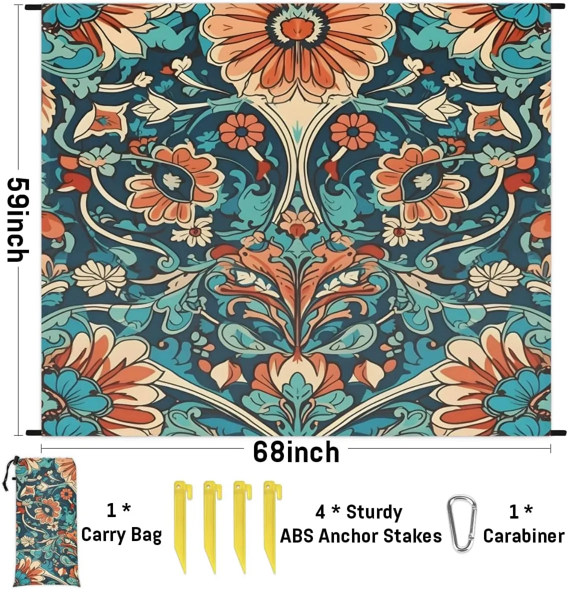 Beach Blanket, Aztec Art Sandproof Beach Mat, Waterproof Quick Drying Sand Free Mat with 4 x Ground Spikes for Outdoor Travel Camping Hiking, Vintage Bohemian 68 x 59 in