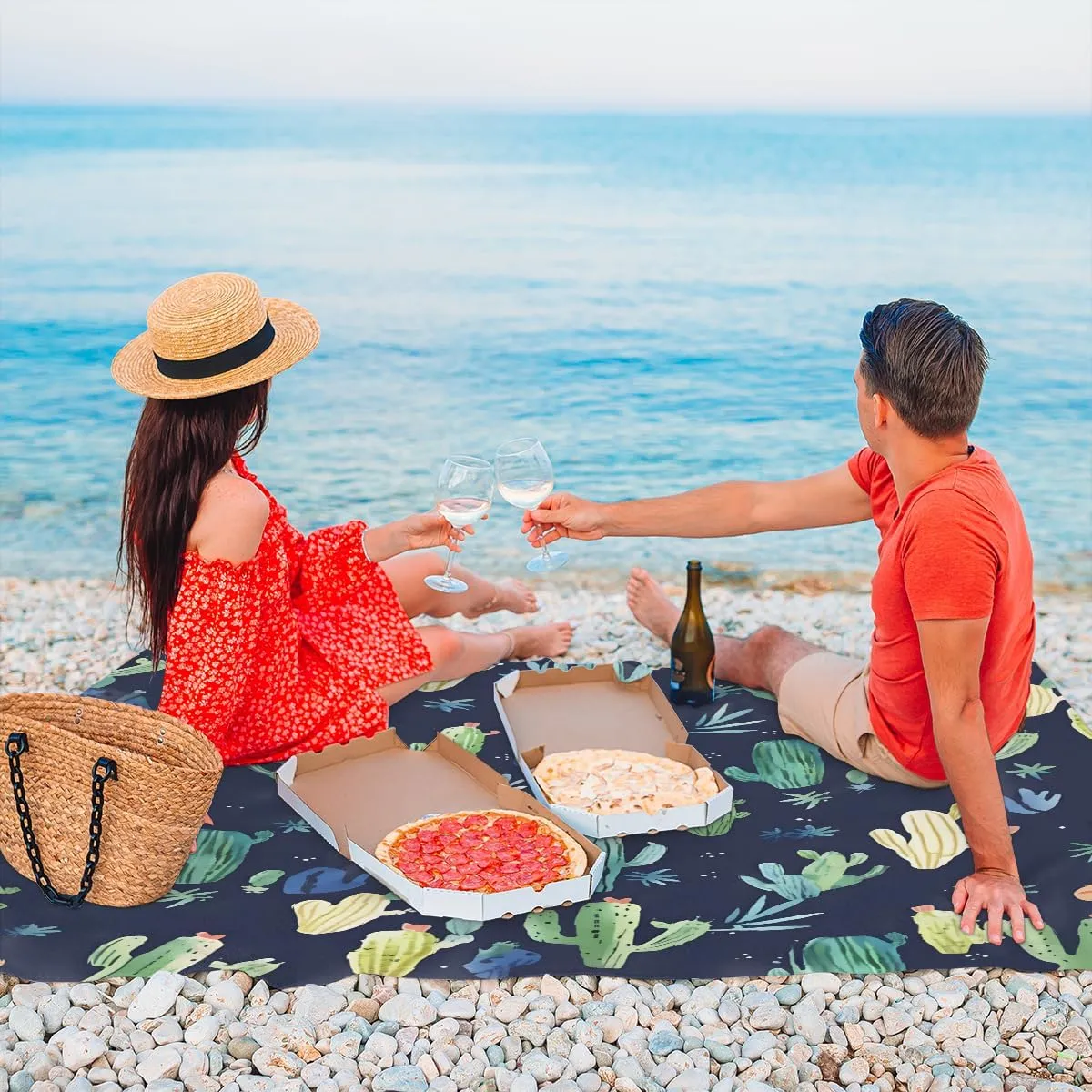 Beach Blanket, Cactus Sandproof Beach Mat, Waterproof Quick Drying Sand Free Mat with 4 x Ground Spikes for Outdoor Travel Camping Hiking, Cactus Print 68 x 59 in