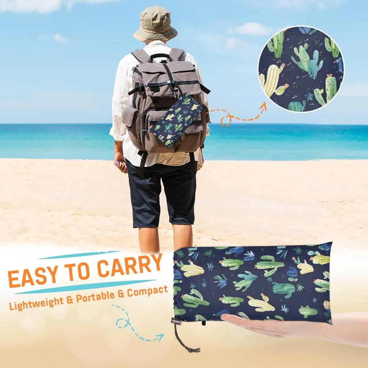 Beach Blanket, Cactus Sandproof Beach Mat, Waterproof Quick Drying Sand Free Mat with 4 x Ground Spikes for Outdoor Travel Camping Hiking, Cactus Print 68 x 59 in
