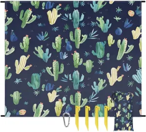 Beach Blanket, Cactus Sandproof Beach Mat, Waterproof Quick Drying Sand Free Mat with 4 x Ground Spikes for Outdoor Travel Camping Hiking, Cactus Print 68 x 59 in