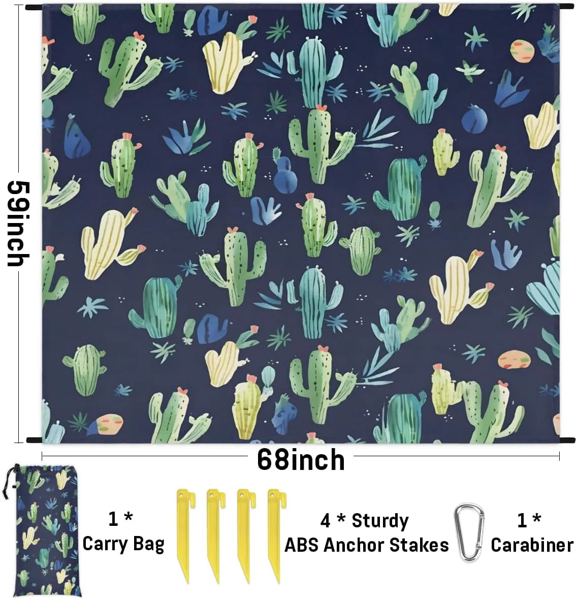 Beach Blanket, Cactus Sandproof Beach Mat, Waterproof Quick Drying Sand Free Mat with 4 x Ground Spikes for Outdoor Travel Camping Hiking, Cactus Print 68 x 59 in