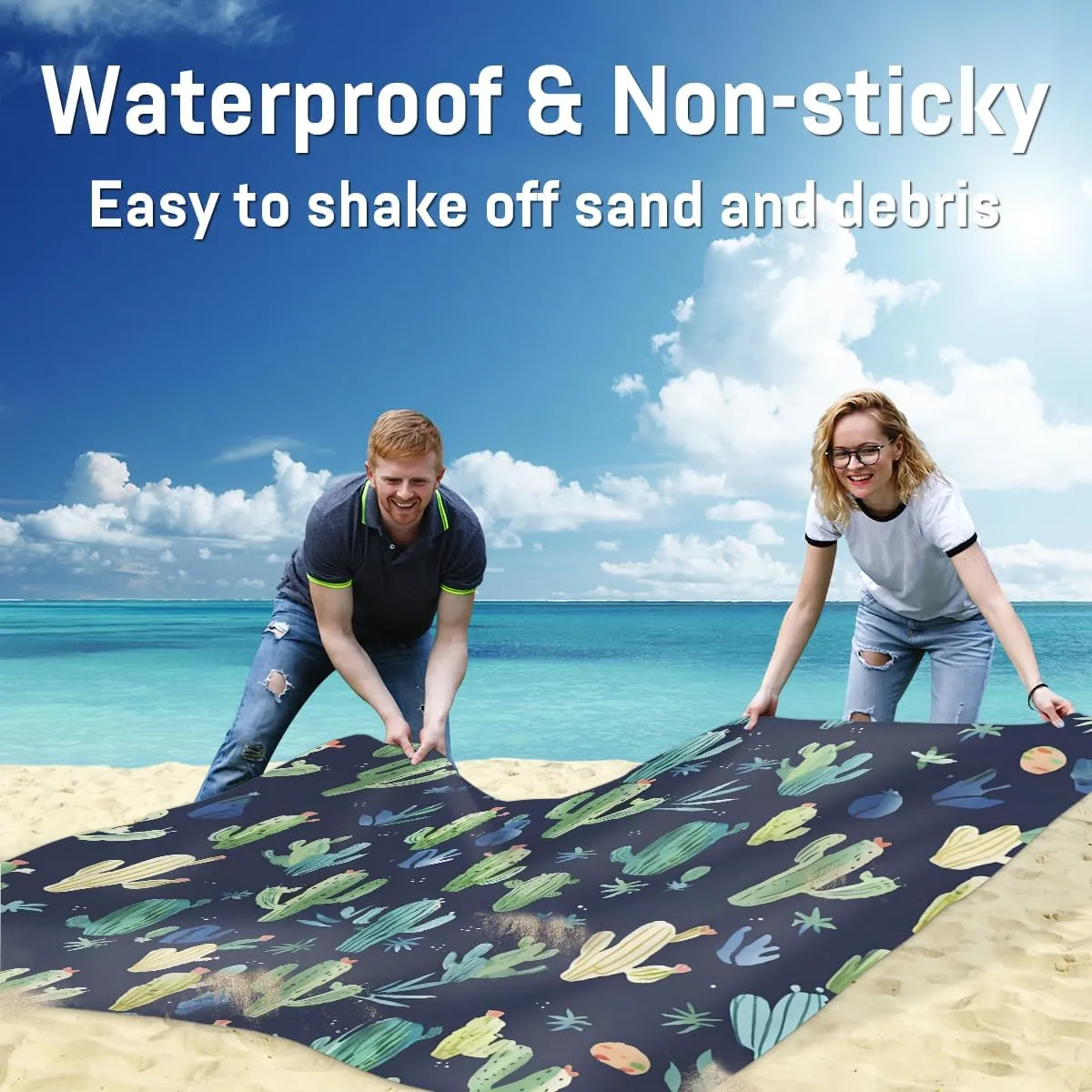 Beach Blanket, Cactus Sandproof Beach Mat, Waterproof Quick Drying Sand Free Mat with 4 x Ground Spikes for Outdoor Travel Camping Hiking, Cactus Print 68 x 59 in
