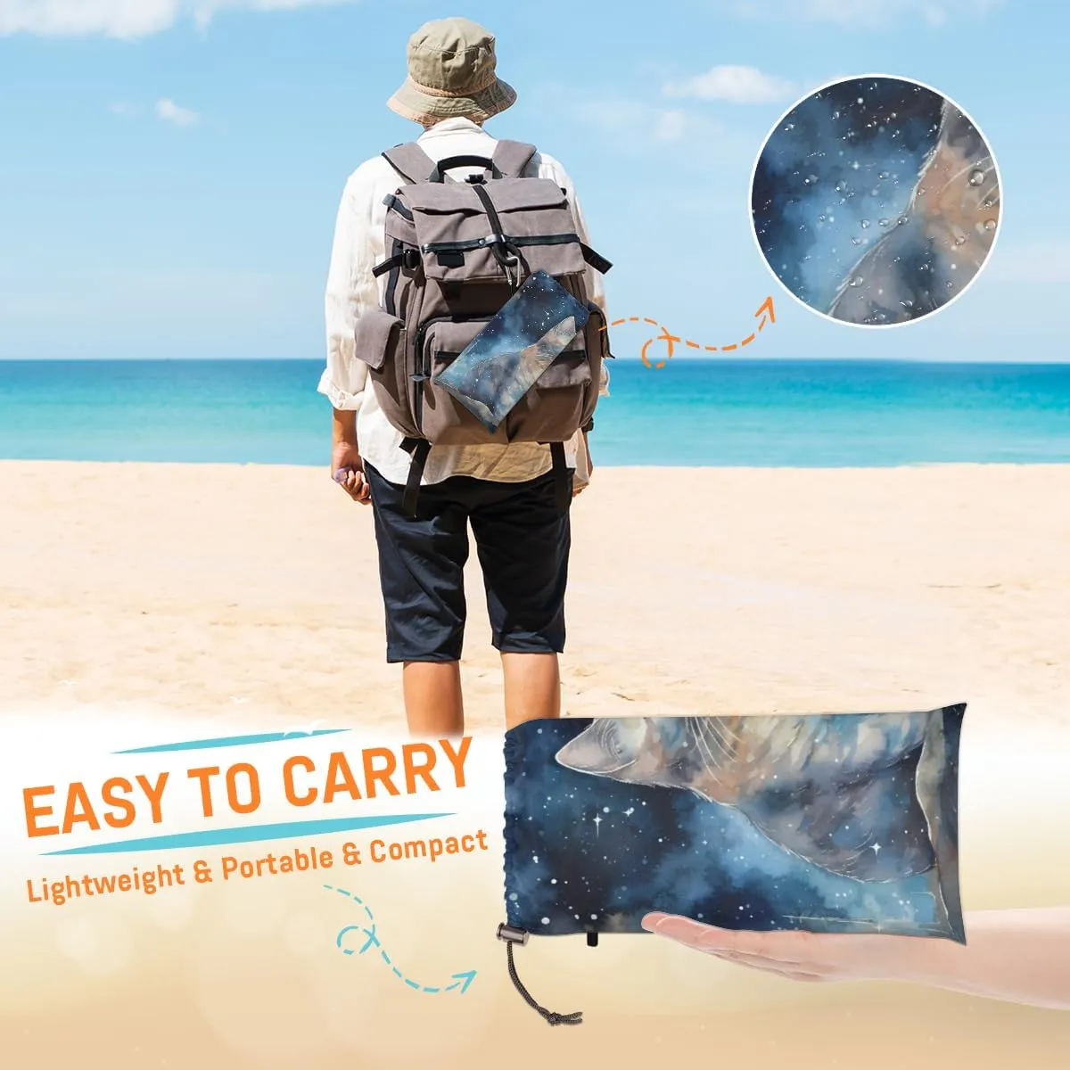 Beach Blanket, Cat Sandproof Beach Mat, Waterproof Quick Drying Sand Free Mat with 4 x Ground Spikes for Outdoor Travel Camping Hiking, Cat Pattern 68 x 59 in