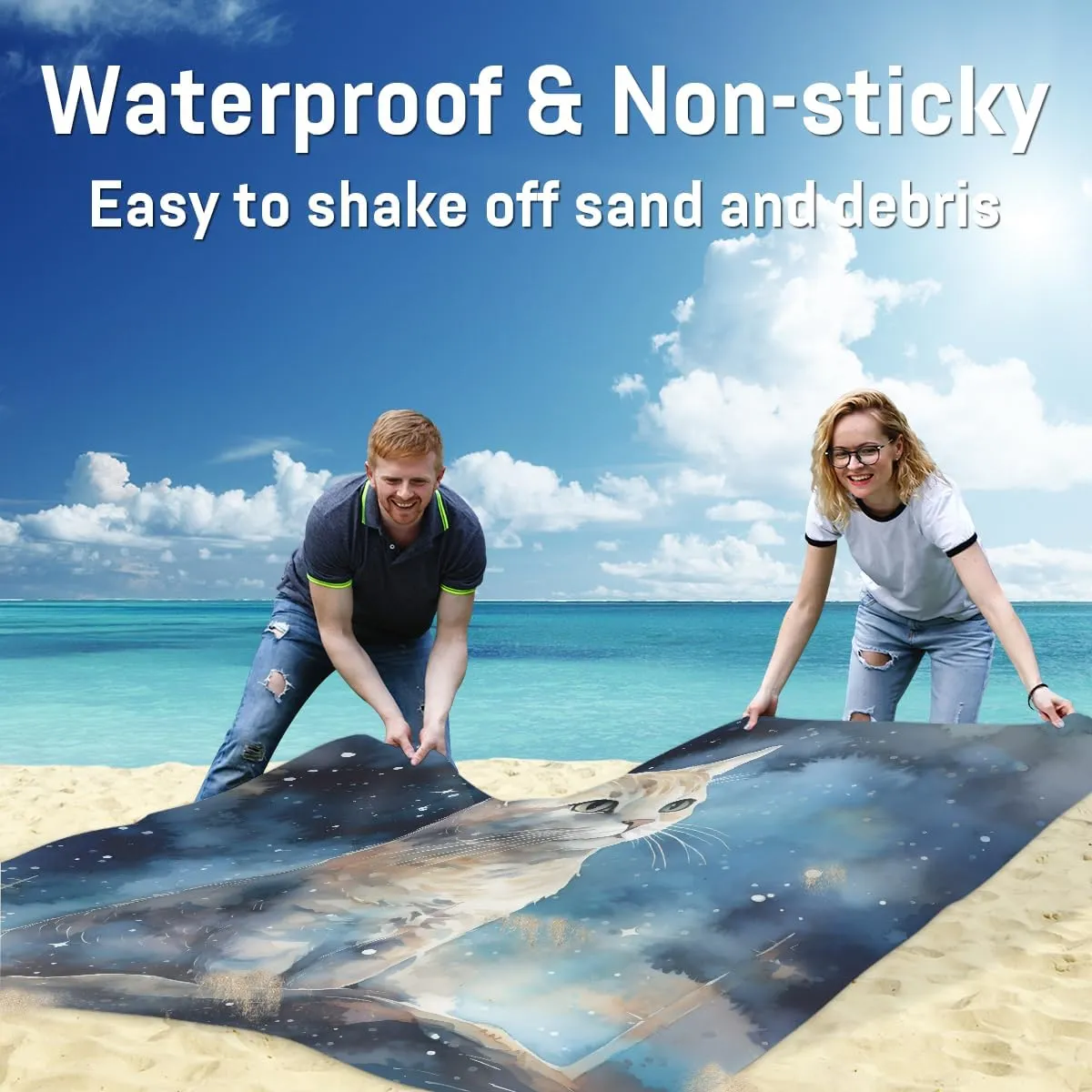 Beach Blanket, Cat Sandproof Beach Mat, Waterproof Quick Drying Sand Free Mat with 4 x Ground Spikes for Outdoor Travel Camping Hiking, Cat Pattern 68 x 59 in