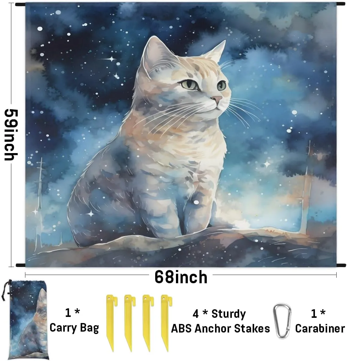 Beach Blanket, Cat Sandproof Beach Mat, Waterproof Quick Drying Sand Free Mat with 4 x Ground Spikes for Outdoor Travel Camping Hiking, Cat Pattern 68 x 59 in