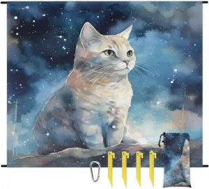 Beach Blanket, Cat Sandproof Beach Mat, Waterproof Quick Drying Sand Free Mat with 4 x Ground Spikes for Outdoor Travel Camping Hiking, Cat Pattern 68 x 59 in
