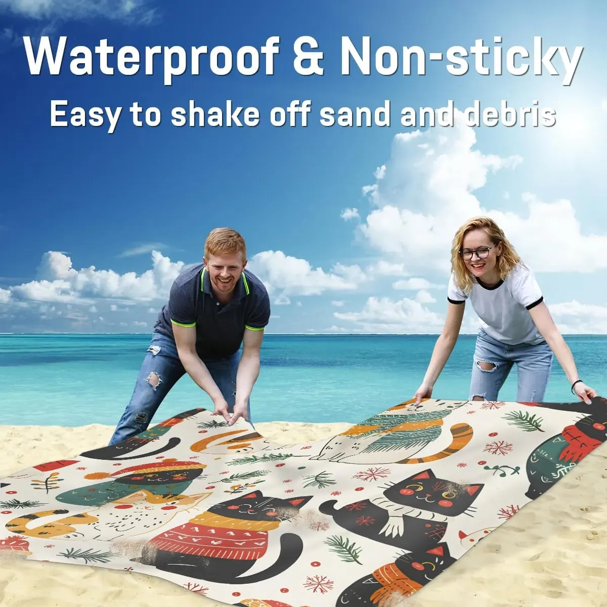 Beach Blanket, Christmas Cat Sandproof Beach Mat, Waterproof Quick Drying Sand Free Mat with 4 x Ground Spikes for Outdoor Travel Camping Hiking, Holiday New Year 68 x 59 in