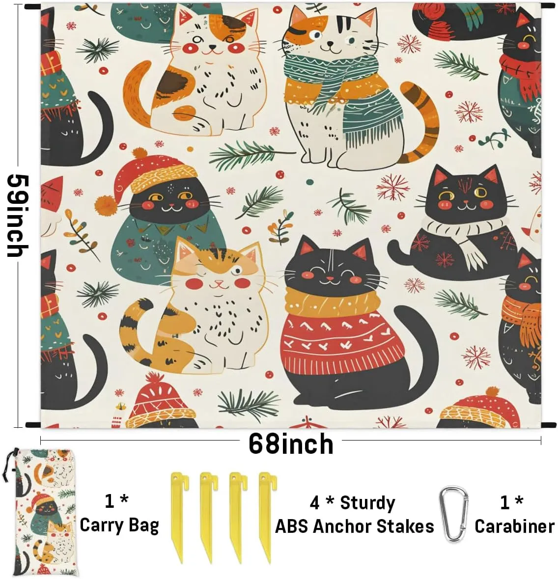 Beach Blanket, Christmas Cat Sandproof Beach Mat, Waterproof Quick Drying Sand Free Mat with 4 x Ground Spikes for Outdoor Travel Camping Hiking, Holiday New Year 68 x 59 in