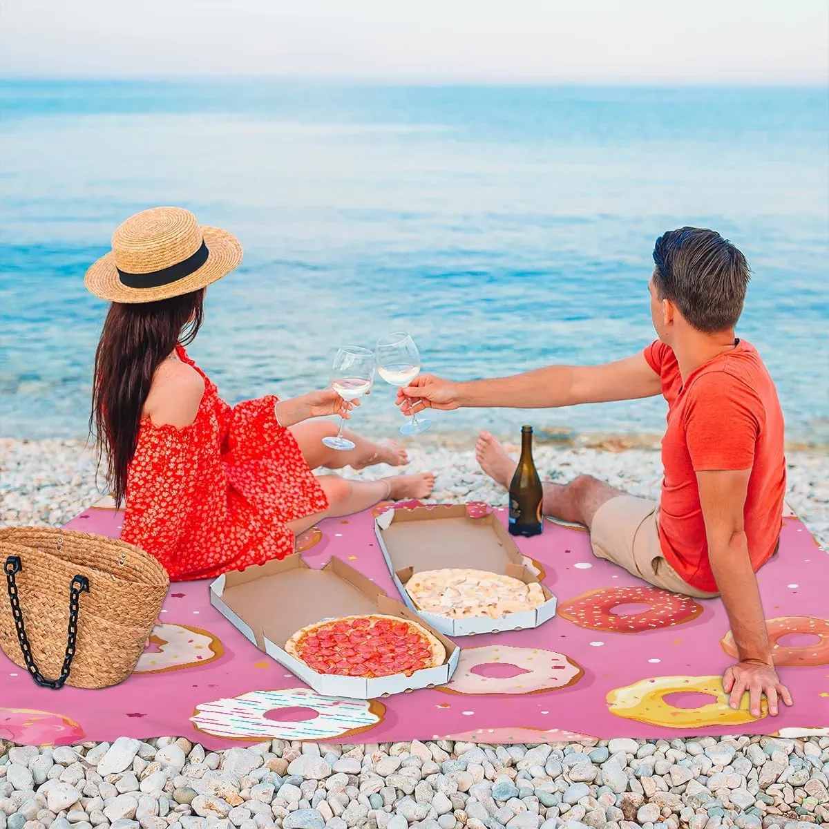 Beach Blanket, Colored Donuts Sandproof Beach Mat, Waterproof Quick Drying Sand Free Mat with 4 x Ground Spikes for Outdoor Travel Camping Hiking, Donuts 68 x 59 in