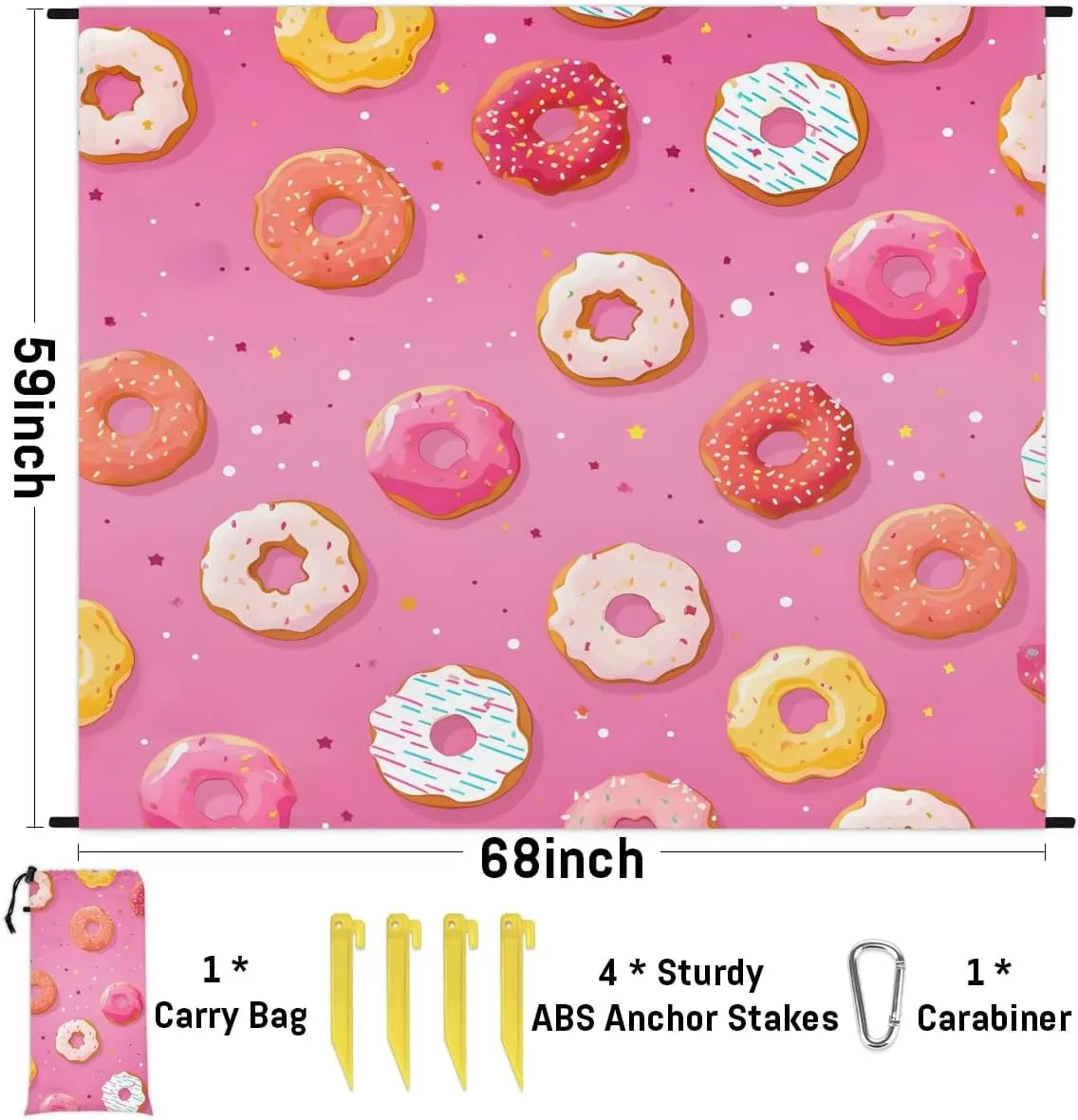 Beach Blanket, Colored Donuts Sandproof Beach Mat, Waterproof Quick Drying Sand Free Mat with 4 x Ground Spikes for Outdoor Travel Camping Hiking, Donuts 68 x 59 in