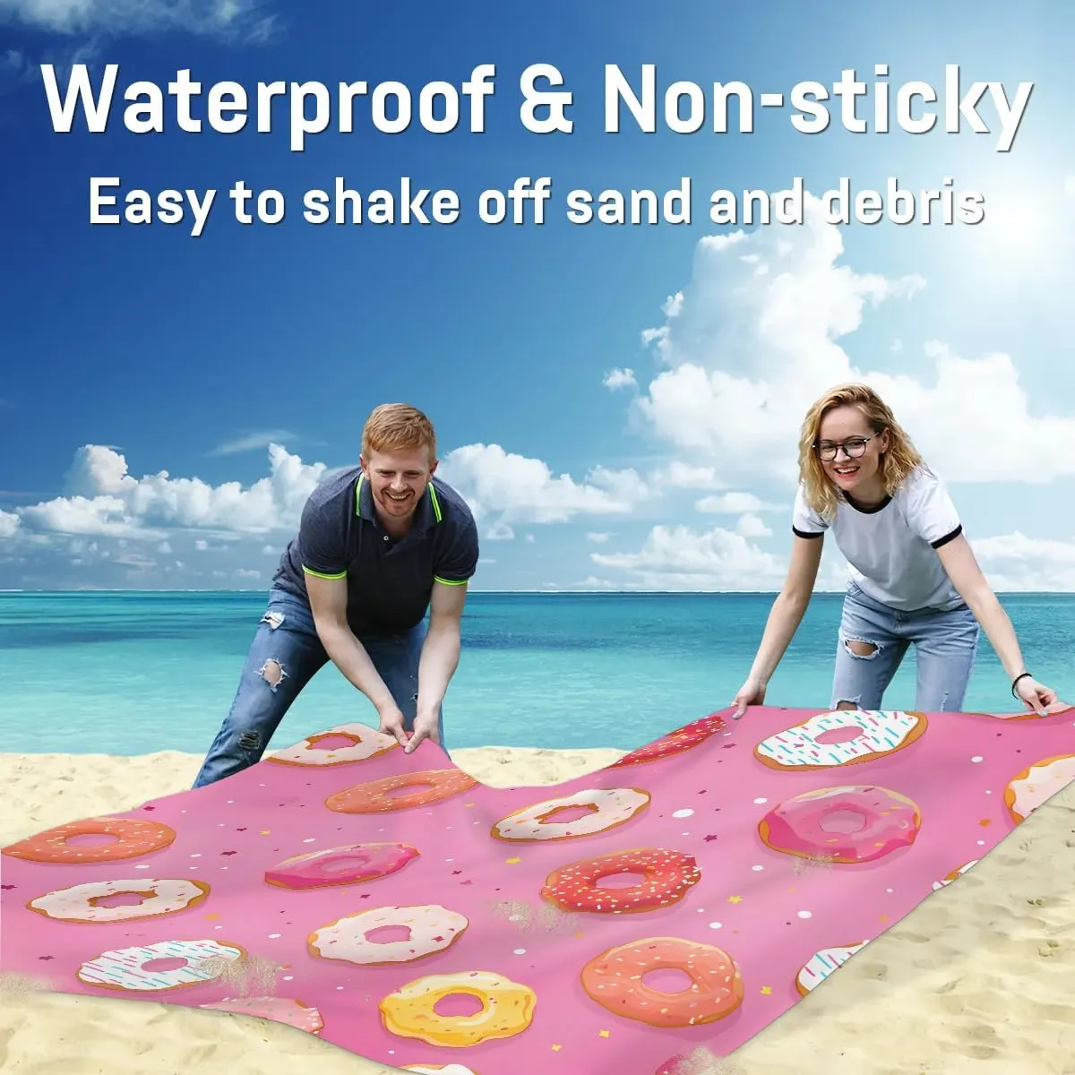 Beach Blanket, Colored Donuts Sandproof Beach Mat, Waterproof Quick Drying Sand Free Mat with 4 x Ground Spikes for Outdoor Travel Camping Hiking, Donuts 68 x 59 in