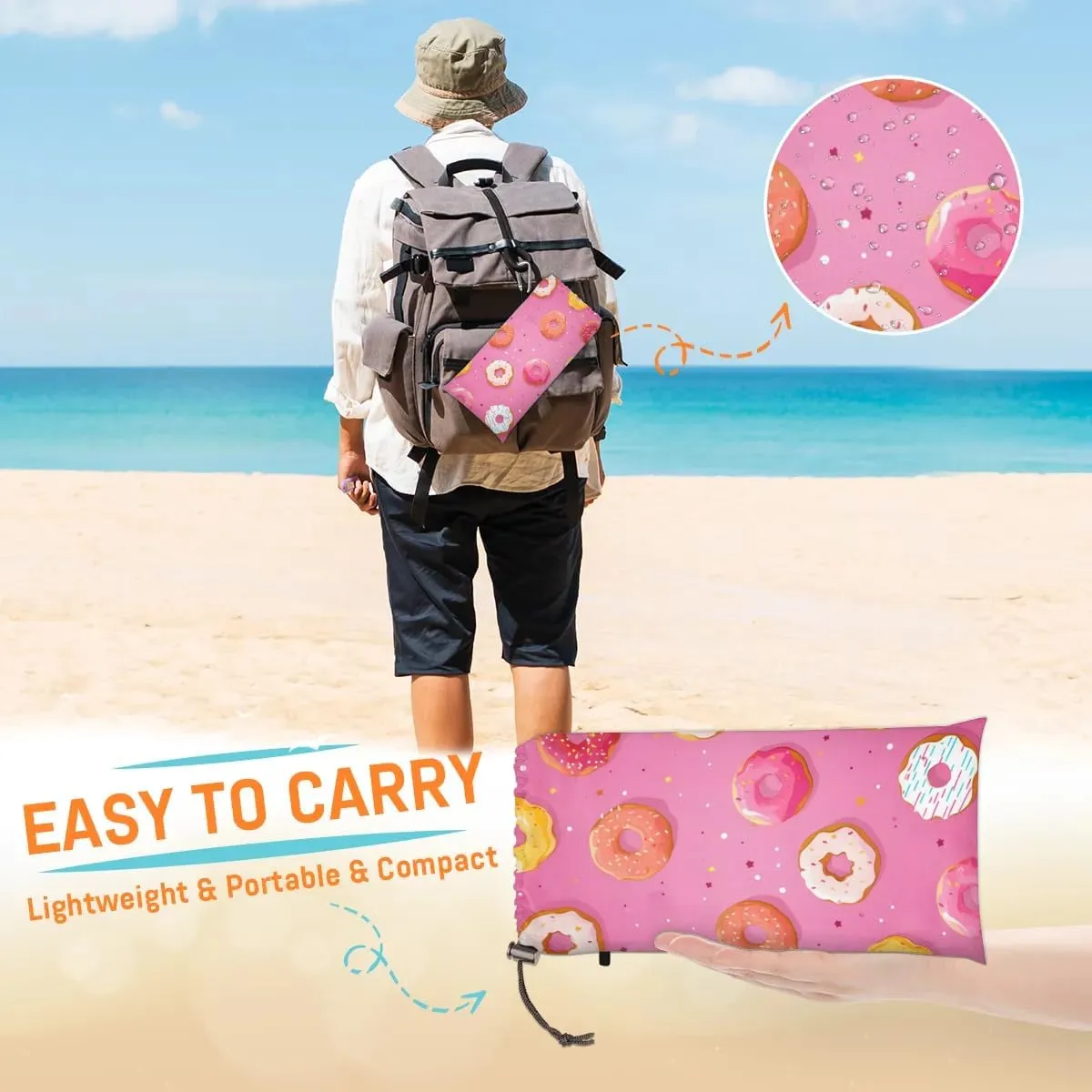 Beach Blanket, Colored Donuts Sandproof Beach Mat, Waterproof Quick Drying Sand Free Mat with 4 x Ground Spikes for Outdoor Travel Camping Hiking, Donuts 68 x 59 in