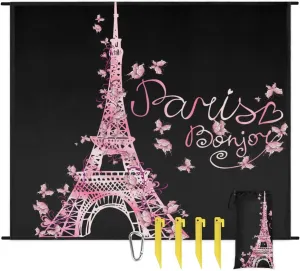 Beach Blanket, Eiffel Tower Sandproof Beach Mat, Waterproof Quick Drying Sand Free Mat with 4 x Ground Spikes for Outdoor Travel Camping Hiking, Butterfly Paris 68 x 59 in