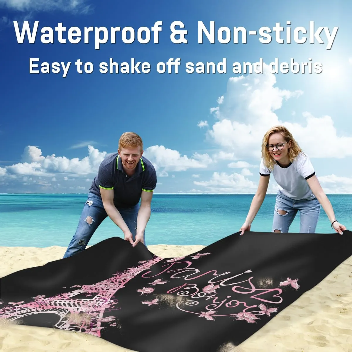 Beach Blanket, Eiffel Tower Sandproof Beach Mat, Waterproof Quick Drying Sand Free Mat with 4 x Ground Spikes for Outdoor Travel Camping Hiking, Butterfly Paris 68 x 59 in