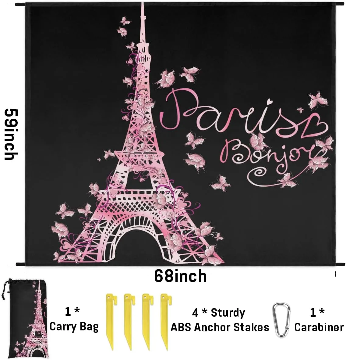 Beach Blanket, Eiffel Tower Sandproof Beach Mat, Waterproof Quick Drying Sand Free Mat with 4 x Ground Spikes for Outdoor Travel Camping Hiking, Butterfly Paris 68 x 59 in