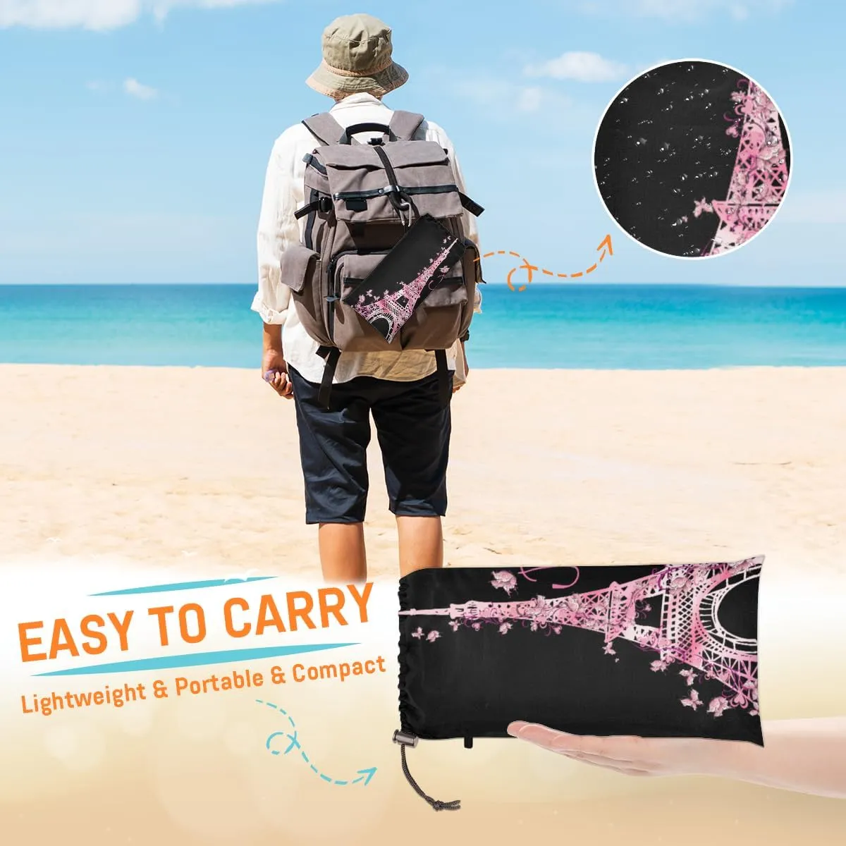 Beach Blanket, Eiffel Tower Sandproof Beach Mat, Waterproof Quick Drying Sand Free Mat with 4 x Ground Spikes for Outdoor Travel Camping Hiking, Butterfly Paris 68 x 59 in