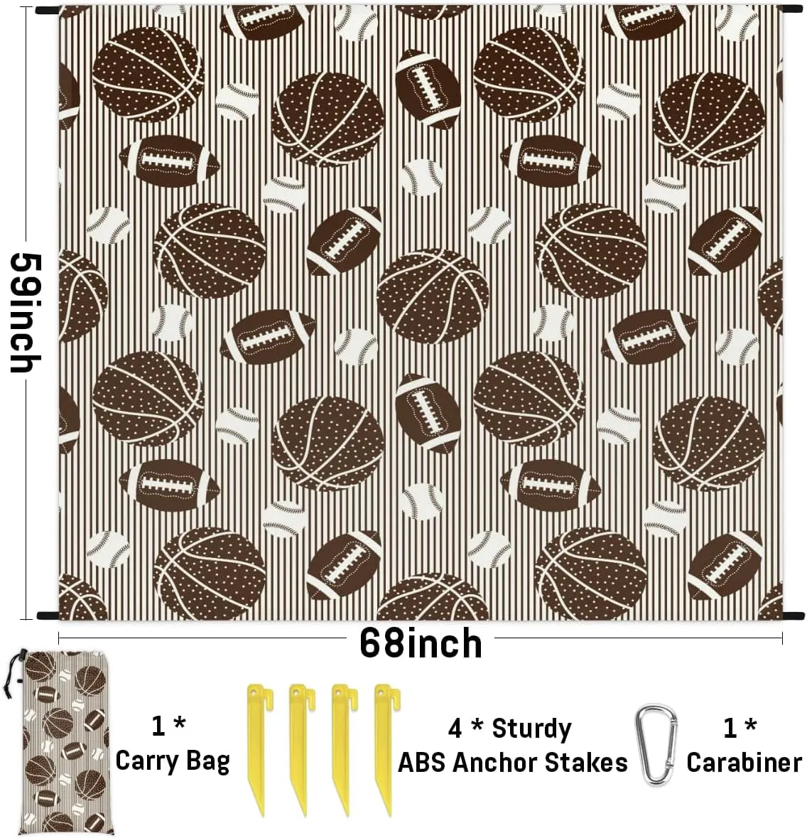 Beach Blanket, Football Basketball Baseball Sandproof Beach Mat, Waterproof Quick Drying Sand Free Mat with 4 x Ground Spikes for Outdoor Travel Camping Hiking, Sports Theme 68 x 59 in