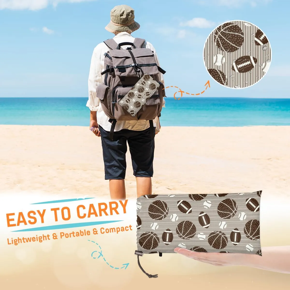 Beach Blanket, Football Basketball Baseball Sandproof Beach Mat, Waterproof Quick Drying Sand Free Mat with 4 x Ground Spikes for Outdoor Travel Camping Hiking, Sports Theme 68 x 59 in