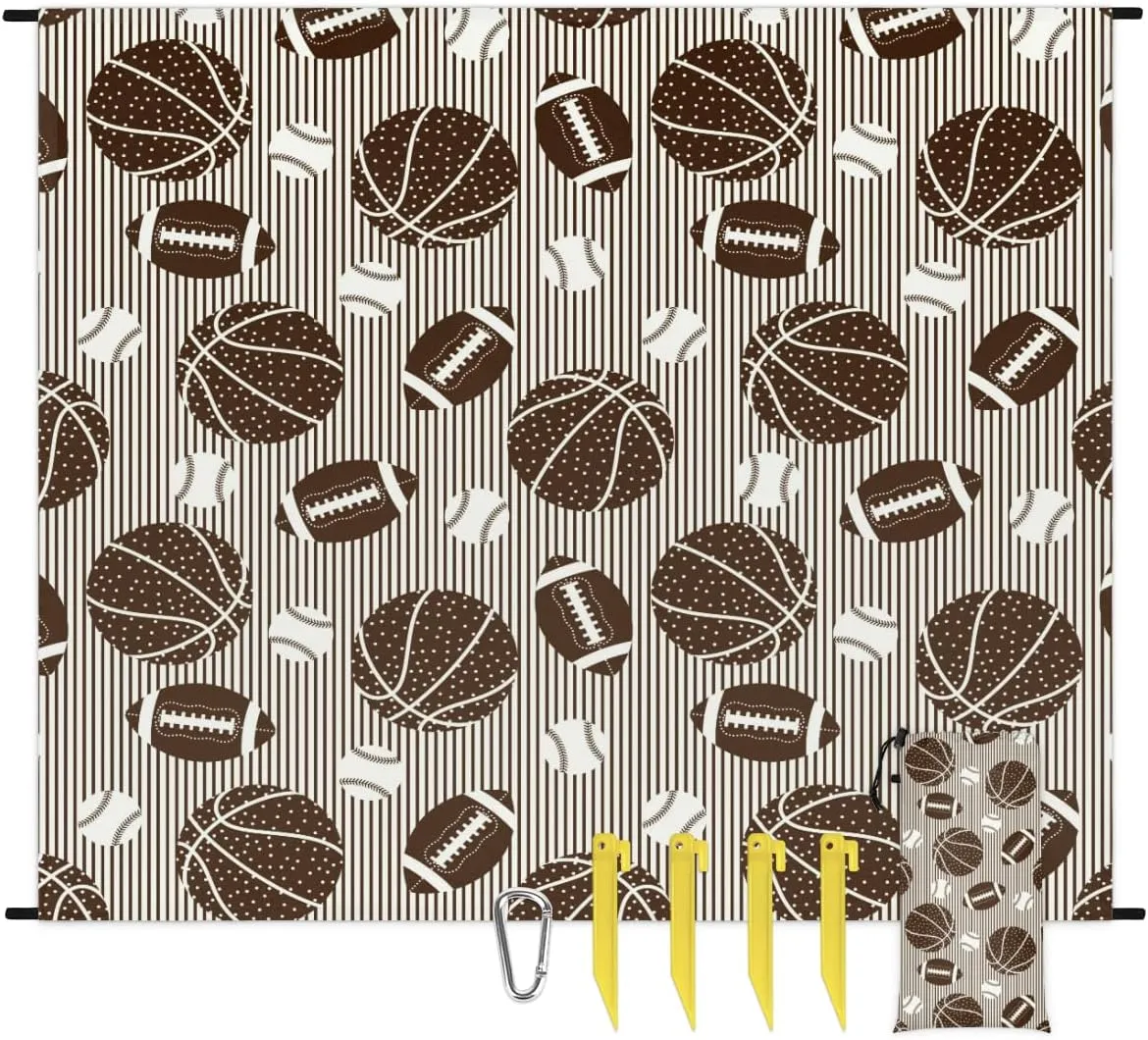Beach Blanket, Football Basketball Baseball Sandproof Beach Mat, Waterproof Quick Drying Sand Free Mat with 4 x Ground Spikes for Outdoor Travel Camping Hiking, Sports Theme 68 x 59 in