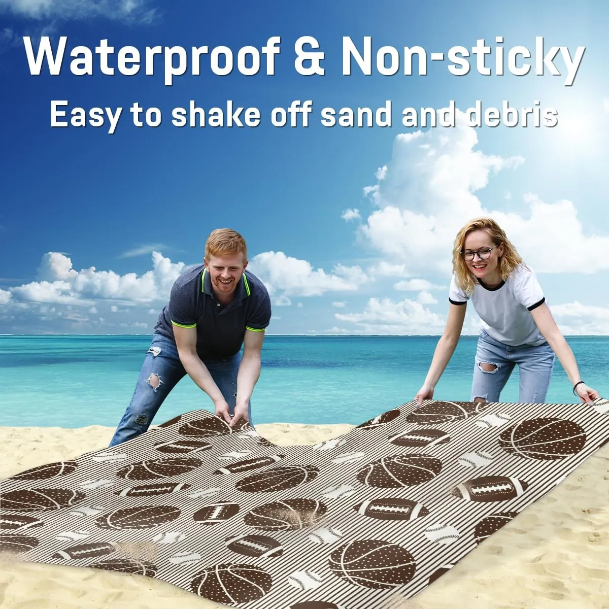 Beach Blanket, Football Basketball Baseball Sandproof Beach Mat, Waterproof Quick Drying Sand Free Mat with 4 x Ground Spikes for Outdoor Travel Camping Hiking, Sports Theme 68 x 59 in