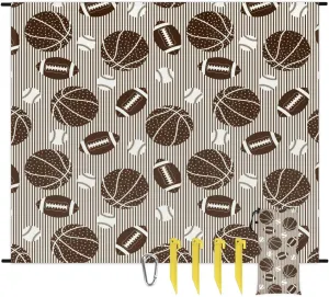 Beach Blanket, Football Basketball Baseball Sandproof Beach Mat, Waterproof Quick Drying Sand Free Mat with 4 x Ground Spikes for Outdoor Travel Camping Hiking, Sports Theme 68 x 59 in