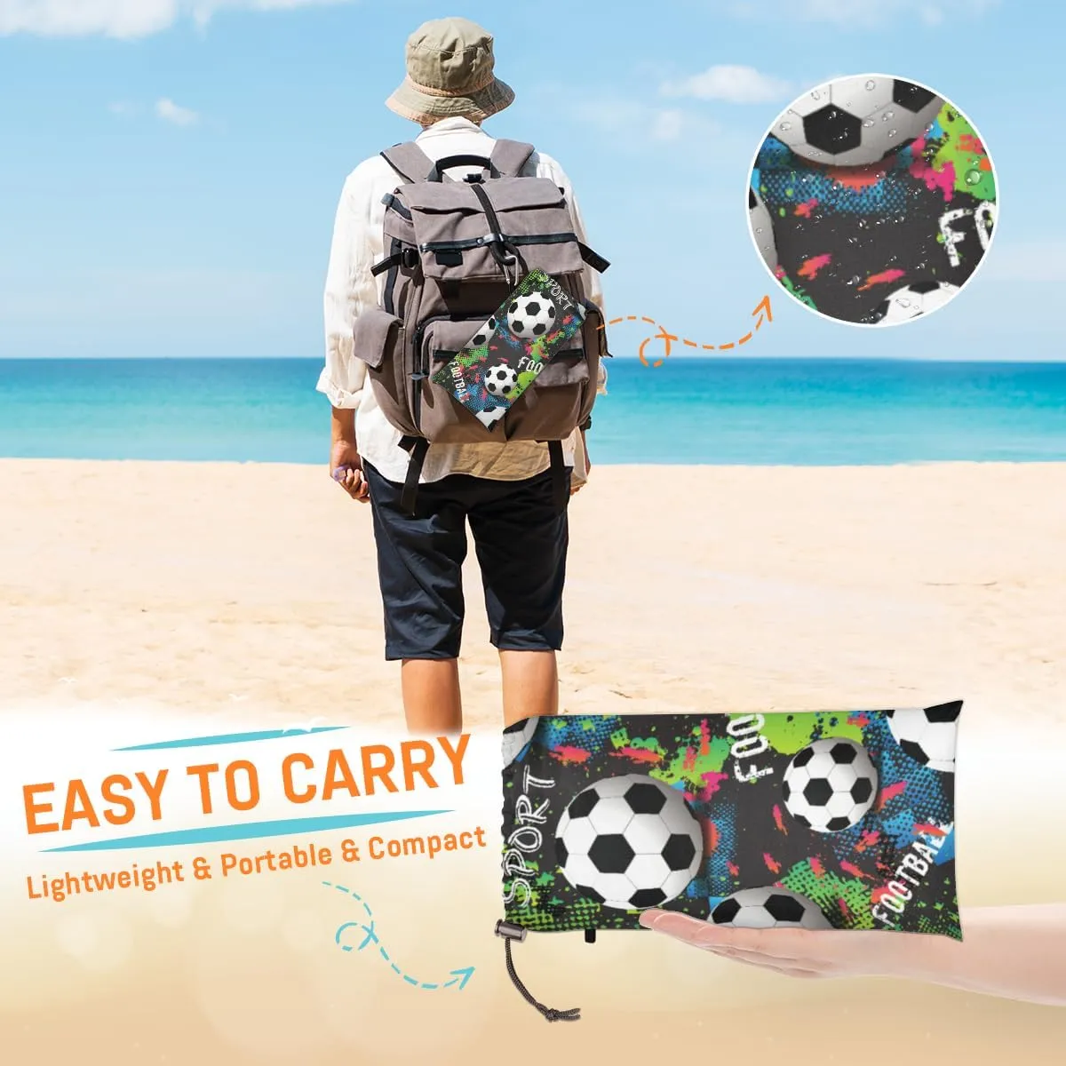 Beach Blanket, Football Soccer Sandproof Beach Mat, Waterproof Quick Drying Sand Free Mat with 4 x Ground Spikes for Outdoor Travel Camping Hiking, Soccer Sport 68 x 59 in