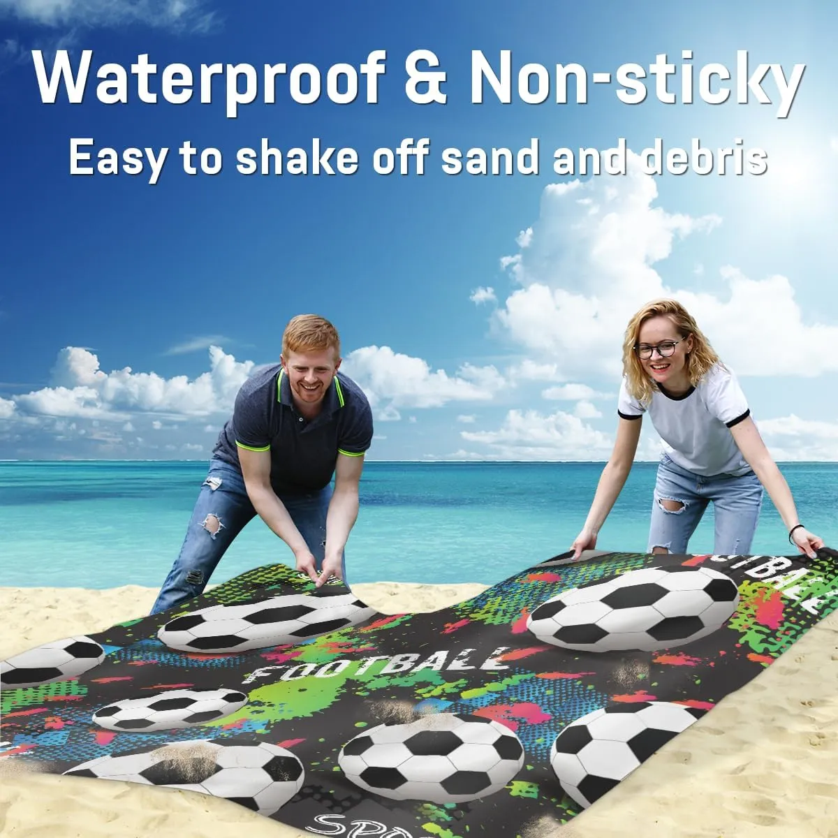 Beach Blanket, Football Soccer Sandproof Beach Mat, Waterproof Quick Drying Sand Free Mat with 4 x Ground Spikes for Outdoor Travel Camping Hiking, Soccer Sport 68 x 59 in