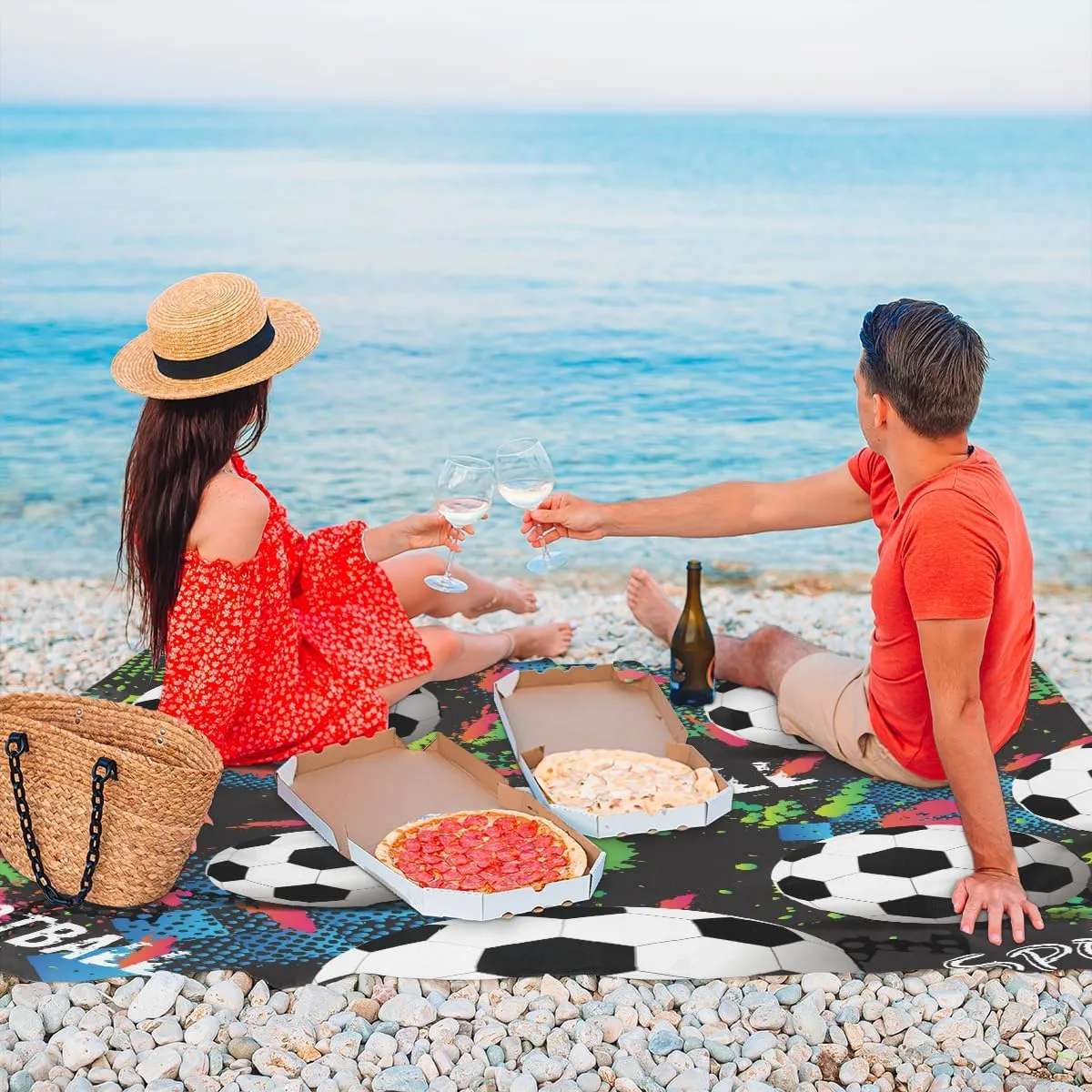 Beach Blanket, Football Soccer Sandproof Beach Mat, Waterproof Quick Drying Sand Free Mat with 4 x Ground Spikes for Outdoor Travel Camping Hiking, Soccer Sport 68 x 59 in