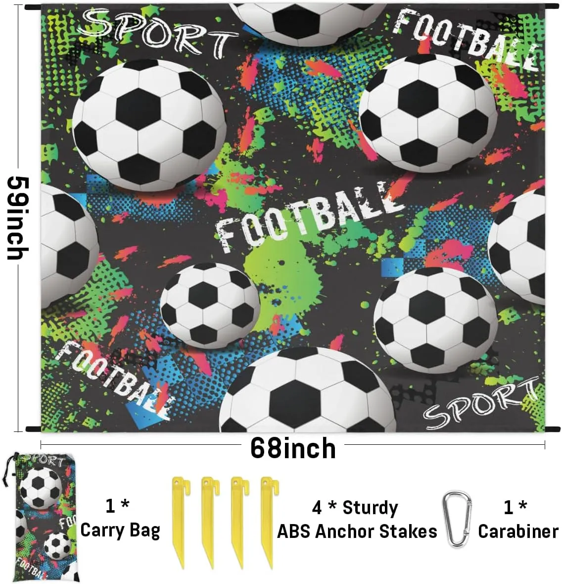 Beach Blanket, Football Soccer Sandproof Beach Mat, Waterproof Quick Drying Sand Free Mat with 4 x Ground Spikes for Outdoor Travel Camping Hiking, Soccer Sport 68 x 59 in