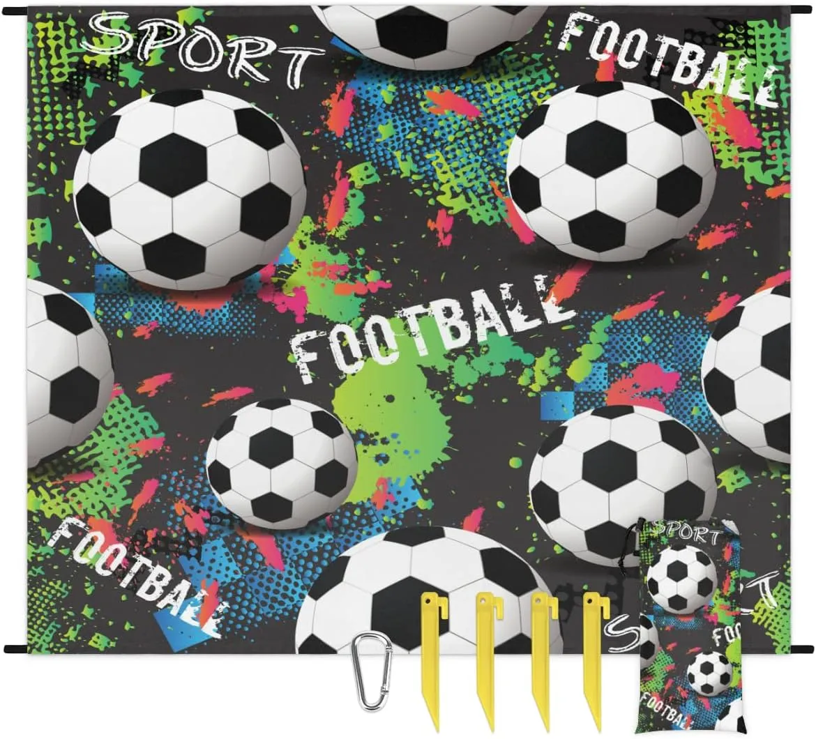 Beach Blanket, Football Soccer Sandproof Beach Mat, Waterproof Quick Drying Sand Free Mat with 4 x Ground Spikes for Outdoor Travel Camping Hiking, Soccer Sport 68 x 59 in
