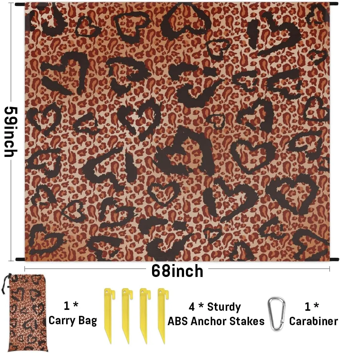 Beach Blanket, Leopard Print Sandproof Beach Mat, Waterproof Quick Drying Sand Free Mat with 4 x Ground Spikes for Outdoor Travel Camping Hiking, Animal Print 68 x 59 in