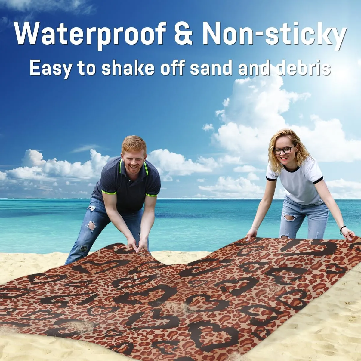 Beach Blanket, Leopard Print Sandproof Beach Mat, Waterproof Quick Drying Sand Free Mat with 4 x Ground Spikes for Outdoor Travel Camping Hiking, Animal Print 68 x 59 in