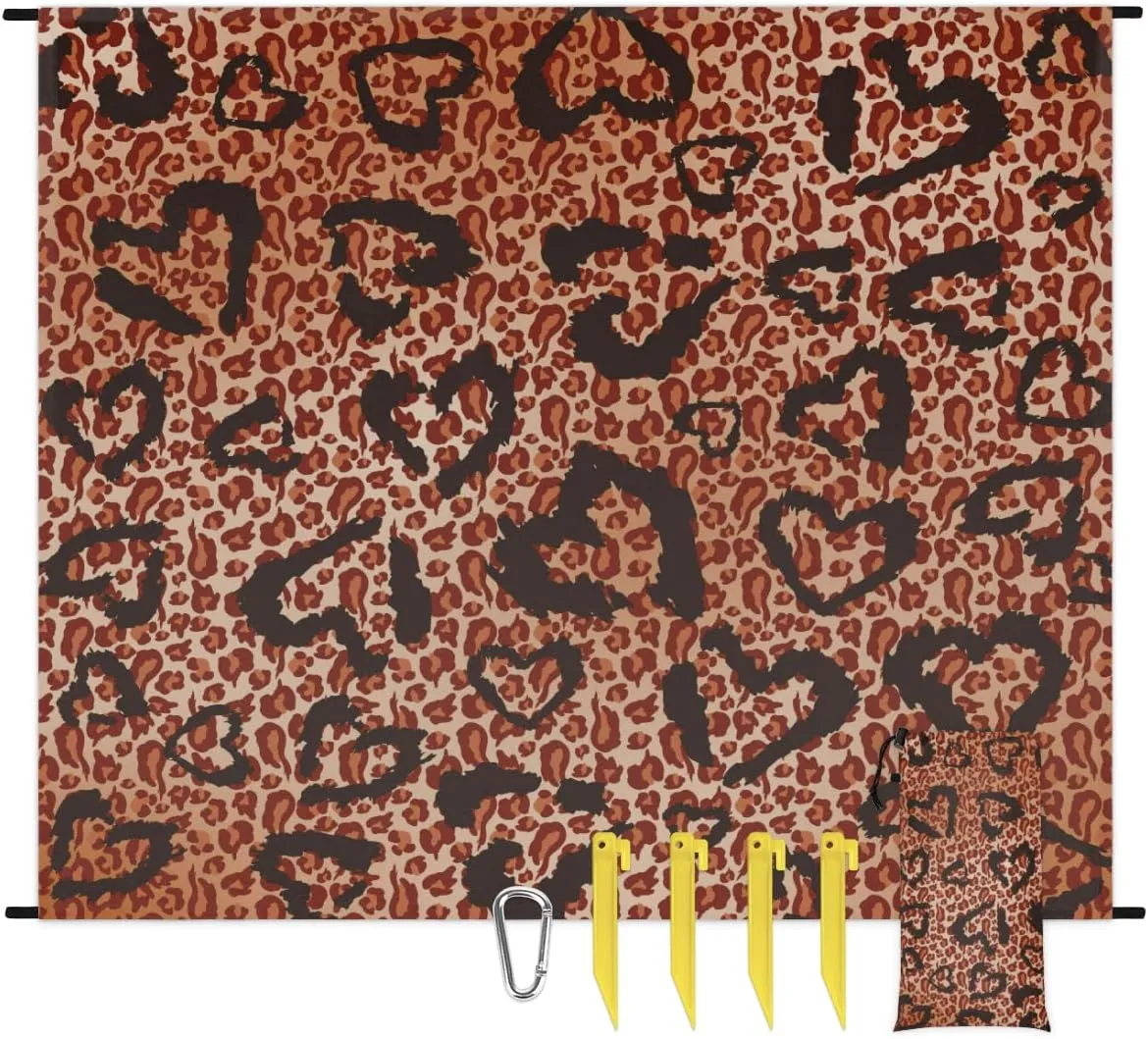 Beach Blanket, Leopard Print Sandproof Beach Mat, Waterproof Quick Drying Sand Free Mat with 4 x Ground Spikes for Outdoor Travel Camping Hiking, Animal Print 68 x 59 in