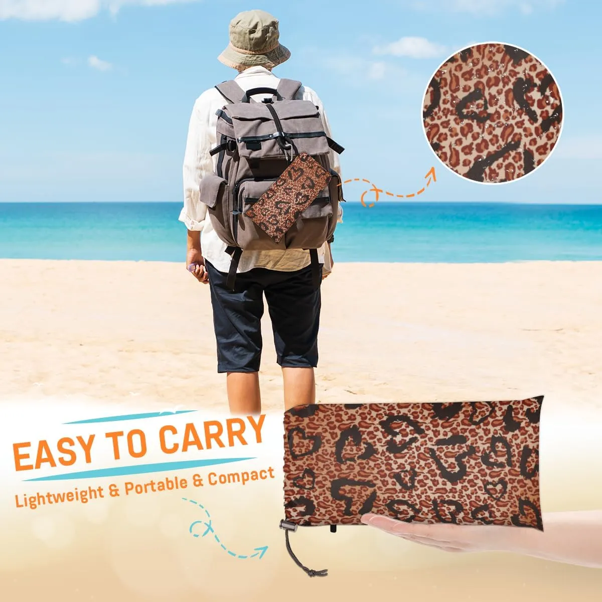 Beach Blanket, Leopard Print Sandproof Beach Mat, Waterproof Quick Drying Sand Free Mat with 4 x Ground Spikes for Outdoor Travel Camping Hiking, Animal Print 68 x 59 in