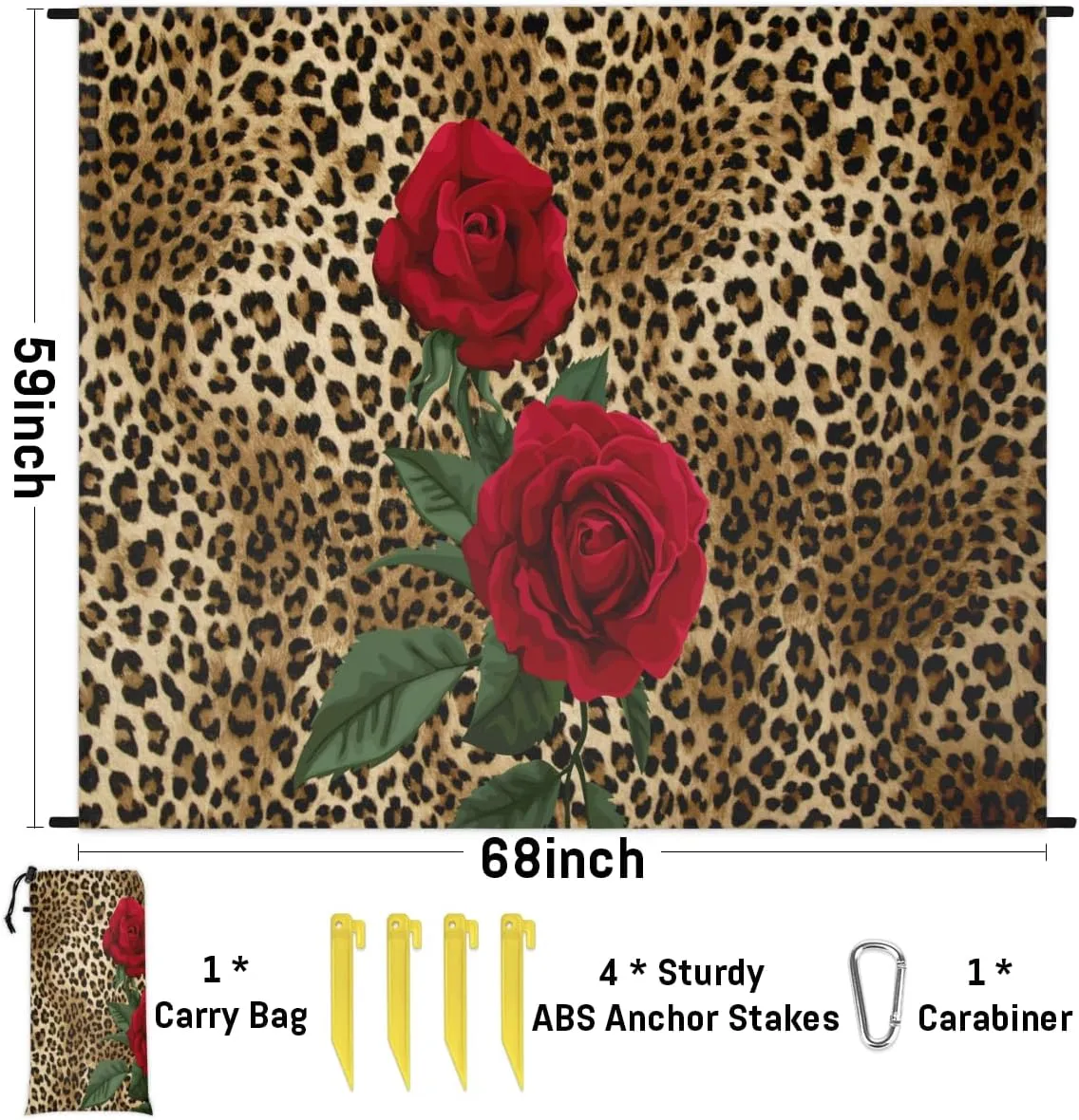 Beach Blanket, Leopard Print Sandproof Beach Mat, Waterproof Quick Drying Sand Free Mat with 4 x Ground Spikes for Outdoor Travel Camping Hiking, Rose Flower 68 x 59 in