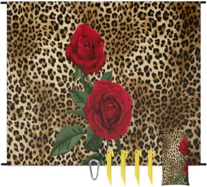 Beach Blanket, Leopard Print Sandproof Beach Mat, Waterproof Quick Drying Sand Free Mat with 4 x Ground Spikes for Outdoor Travel Camping Hiking, Rose Flower 68 x 59 in