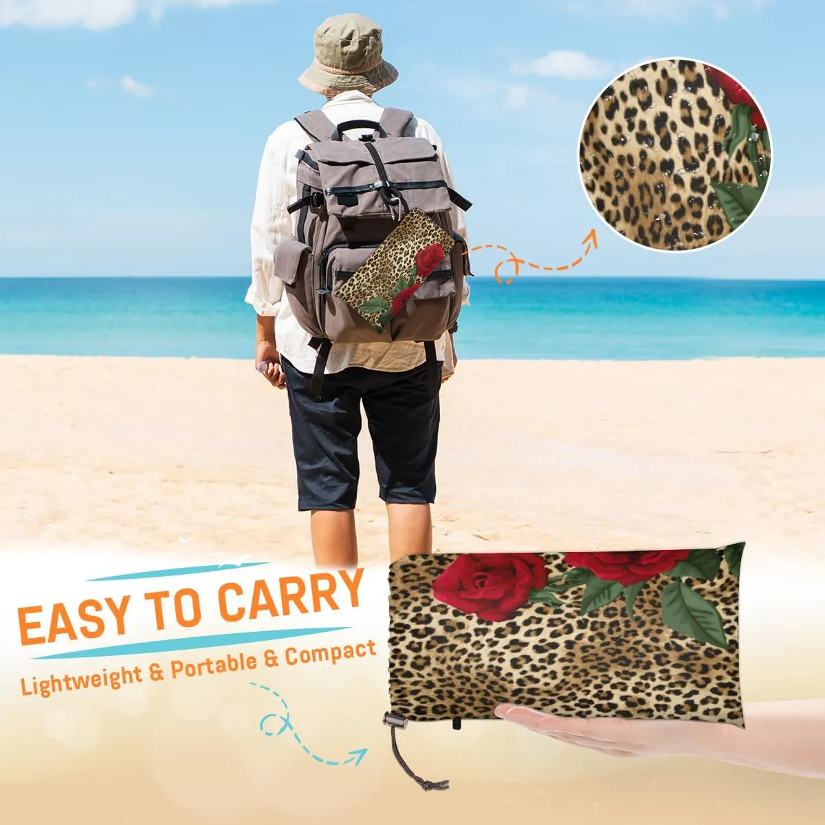 Beach Blanket, Leopard Print Sandproof Beach Mat, Waterproof Quick Drying Sand Free Mat with 4 x Ground Spikes for Outdoor Travel Camping Hiking, Rose Flower 68 x 59 in