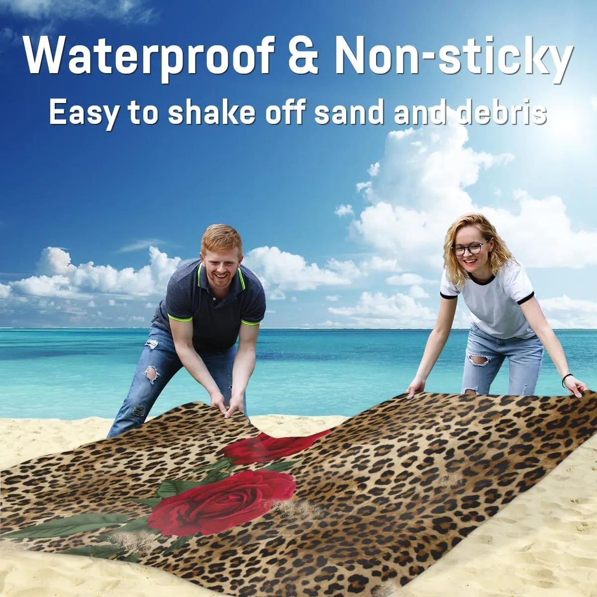 Beach Blanket, Leopard Print Sandproof Beach Mat, Waterproof Quick Drying Sand Free Mat with 4 x Ground Spikes for Outdoor Travel Camping Hiking, Rose Flower 68 x 59 in