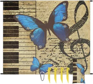 Beach Blanket, Music Note Sandproof Beach Mat, Waterproof Quick Drying Sand Free Mat with 4 x Ground Spikes for Outdoor Travel Camping Hiking, Butterfly Piano Keyboard 68 x 59 in