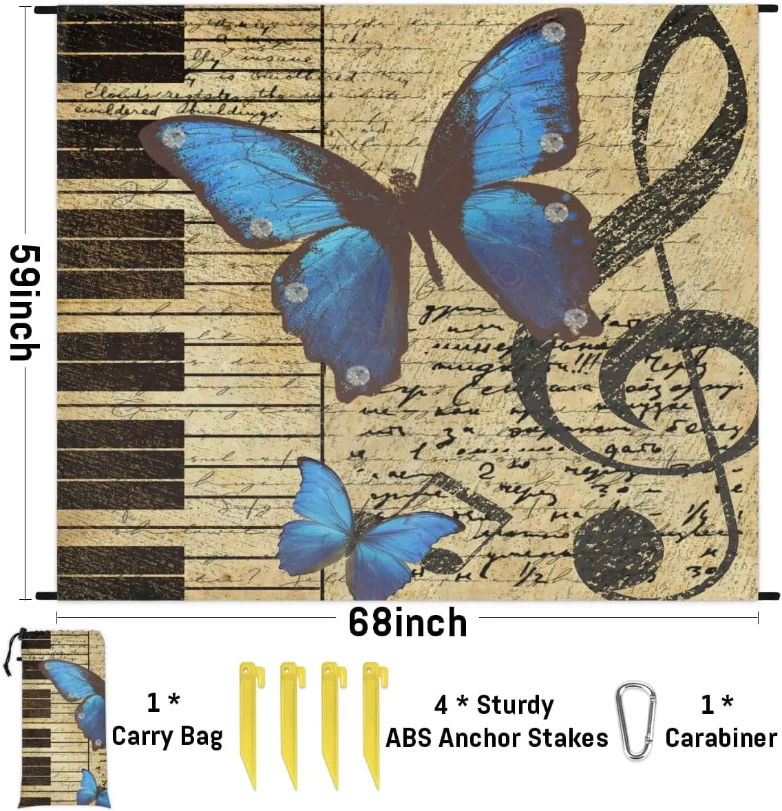 Beach Blanket, Music Note Sandproof Beach Mat, Waterproof Quick Drying Sand Free Mat with 4 x Ground Spikes for Outdoor Travel Camping Hiking, Butterfly Piano Keyboard 68 x 59 in