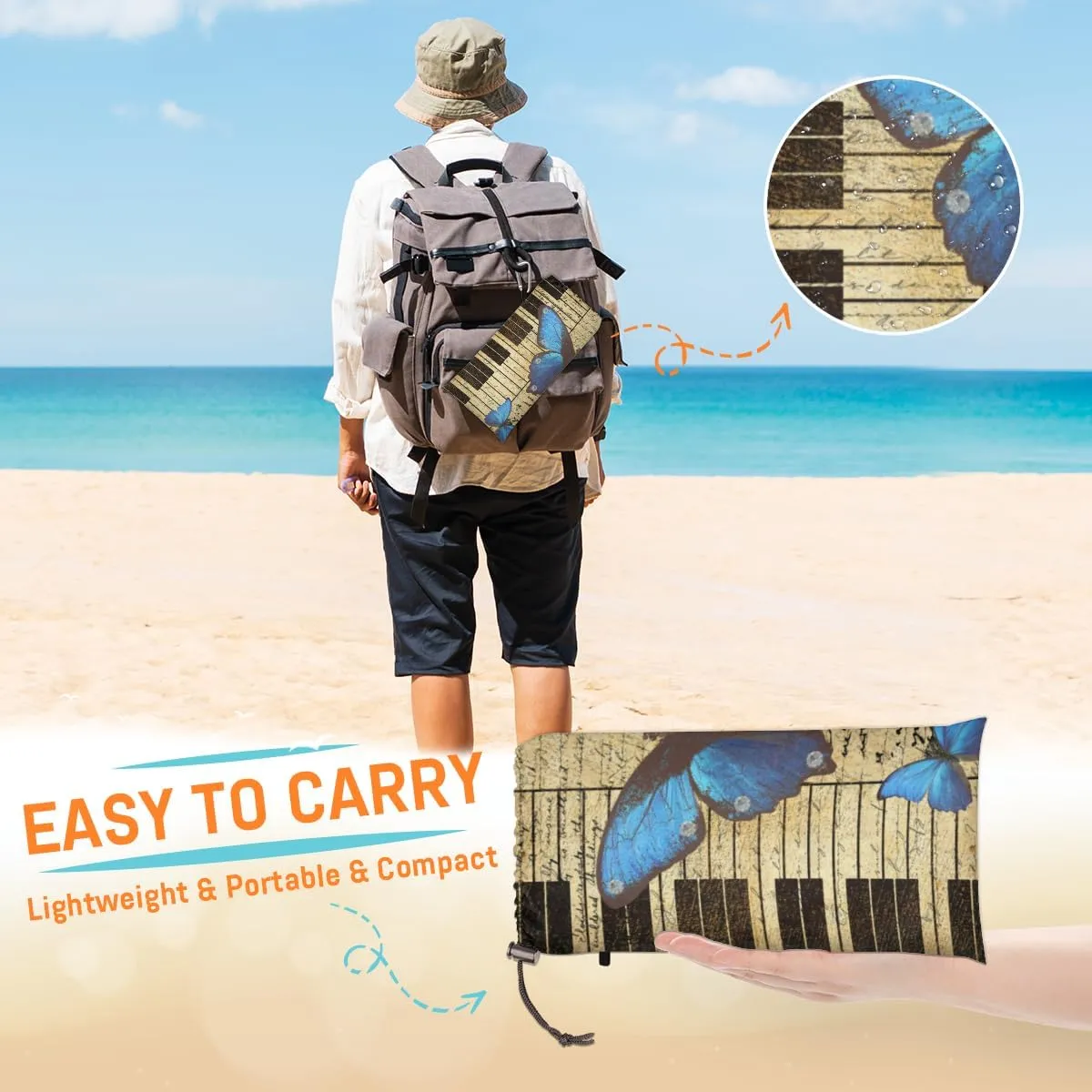 Beach Blanket, Music Note Sandproof Beach Mat, Waterproof Quick Drying Sand Free Mat with 4 x Ground Spikes for Outdoor Travel Camping Hiking, Butterfly Piano Keyboard 68 x 59 in