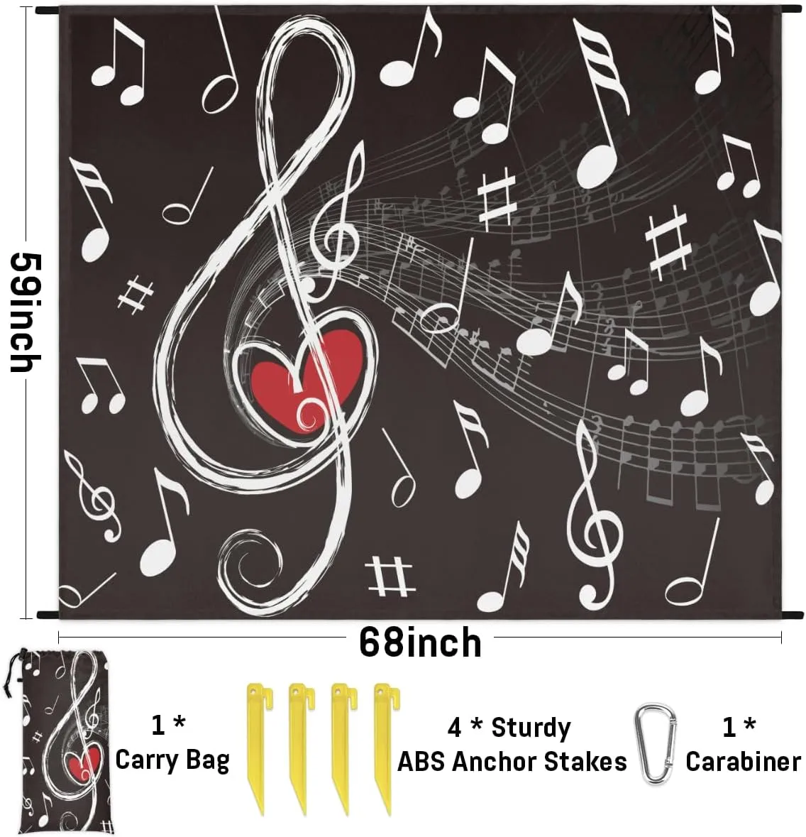 Beach Blanket, Music Themed Heart Sandproof Beach Mat, Waterproof Quick Drying Sand Free Mat with 4 x Ground Spikes for Outdoor Travel Camping Hiking, Musical Note 68 x 59 in
