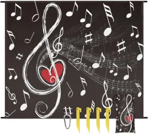 Beach Blanket, Music Themed Heart Sandproof Beach Mat, Waterproof Quick Drying Sand Free Mat with 4 x Ground Spikes for Outdoor Travel Camping Hiking, Musical Note 68 x 59 in
