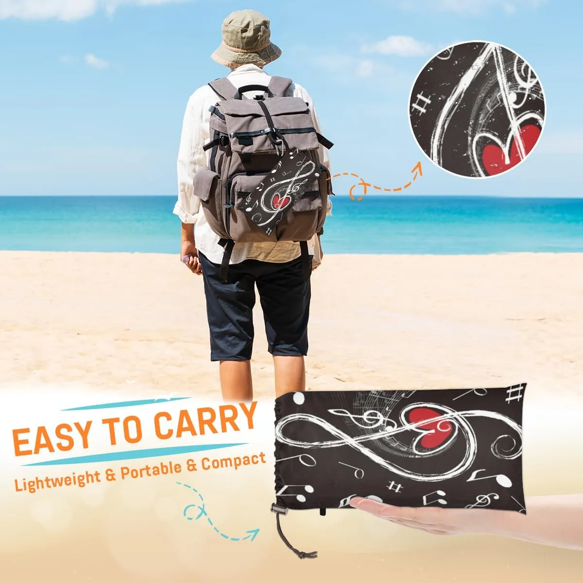 Beach Blanket, Music Themed Heart Sandproof Beach Mat, Waterproof Quick Drying Sand Free Mat with 4 x Ground Spikes for Outdoor Travel Camping Hiking, Musical Note 68 x 59 in