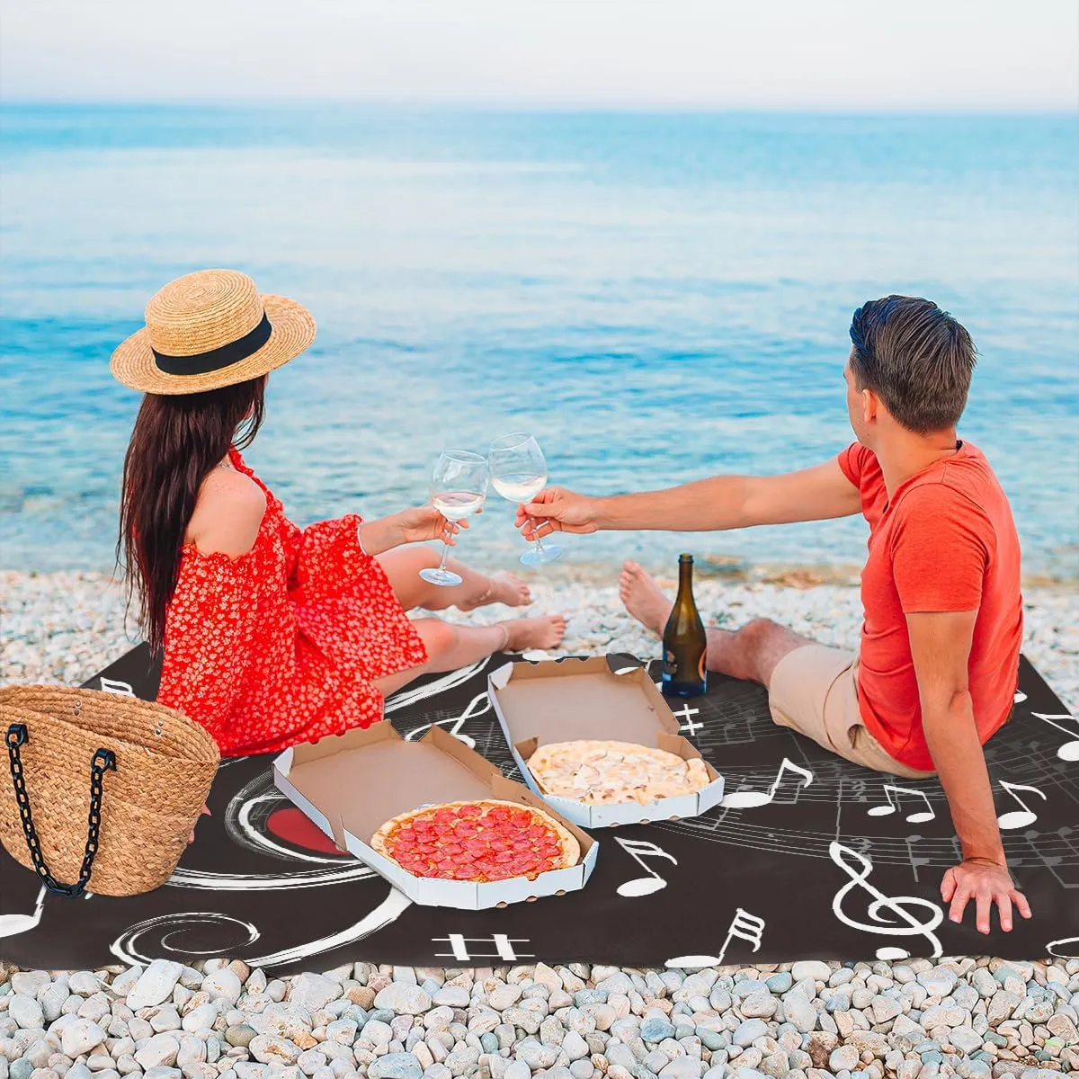 Beach Blanket, Music Themed Heart Sandproof Beach Mat, Waterproof Quick Drying Sand Free Mat with 4 x Ground Spikes for Outdoor Travel Camping Hiking, Musical Note 68 x 59 in